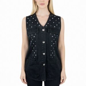 Vintage Saint Germain Black Jean Jacket Vest Rhinestone Embellished 80s Size S